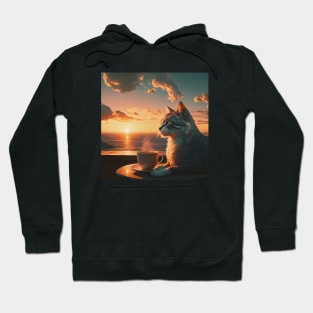 funny cat watching sunset with coffee, funny cats and coffee, cats lover Hoodie